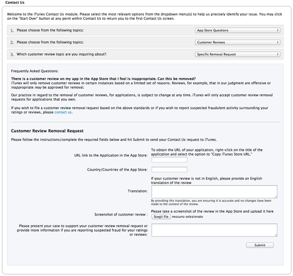 Customer review removal request form